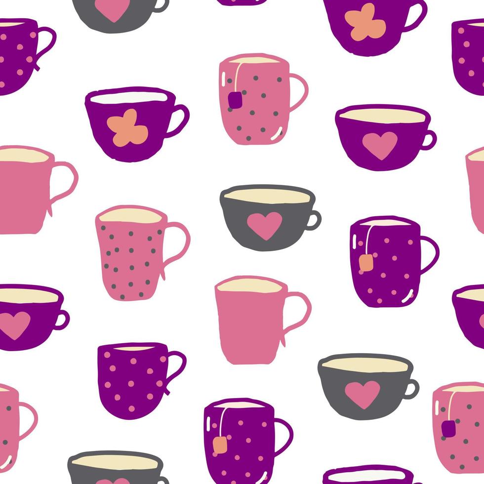 cups seamless pattern. hand drawn doodle. , cartoon, minimalism. trendy colors 2022 wallpaper, wrapping, textiles, kitchen tea coffee drinks tablecloth cafe vector