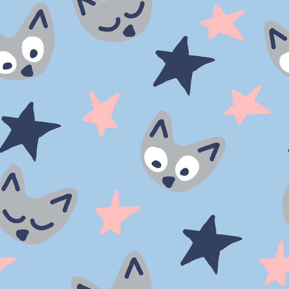 cats seamless pattern hand drawn doodle. , kids print, minimalism. textiles, wrapping paper, wallpaper, background, nursery decor cute animals stars vector