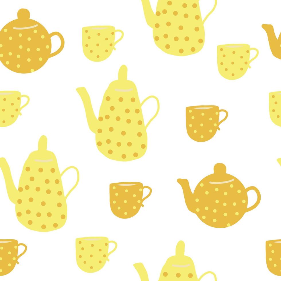 teapot and cups seamless pattern. hand drawn doodle. , cartoon, minimalism. trending colors 2021. wallpaper, wrapping, textiles, banner kitchen tea coffee drinks tablecloth cafe vector