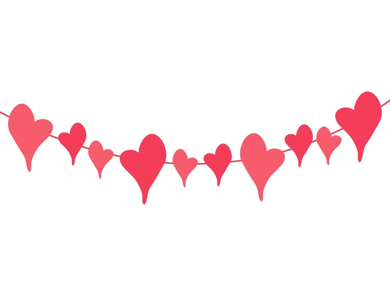 Horizontal border with red heart. Valentines day garland on white background. Vector illustration