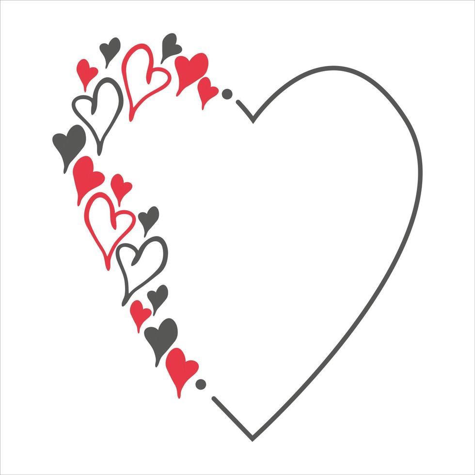 Hand drawn doodle frame with red and black hearts. Simple elements isolated on white background. Vector illustration