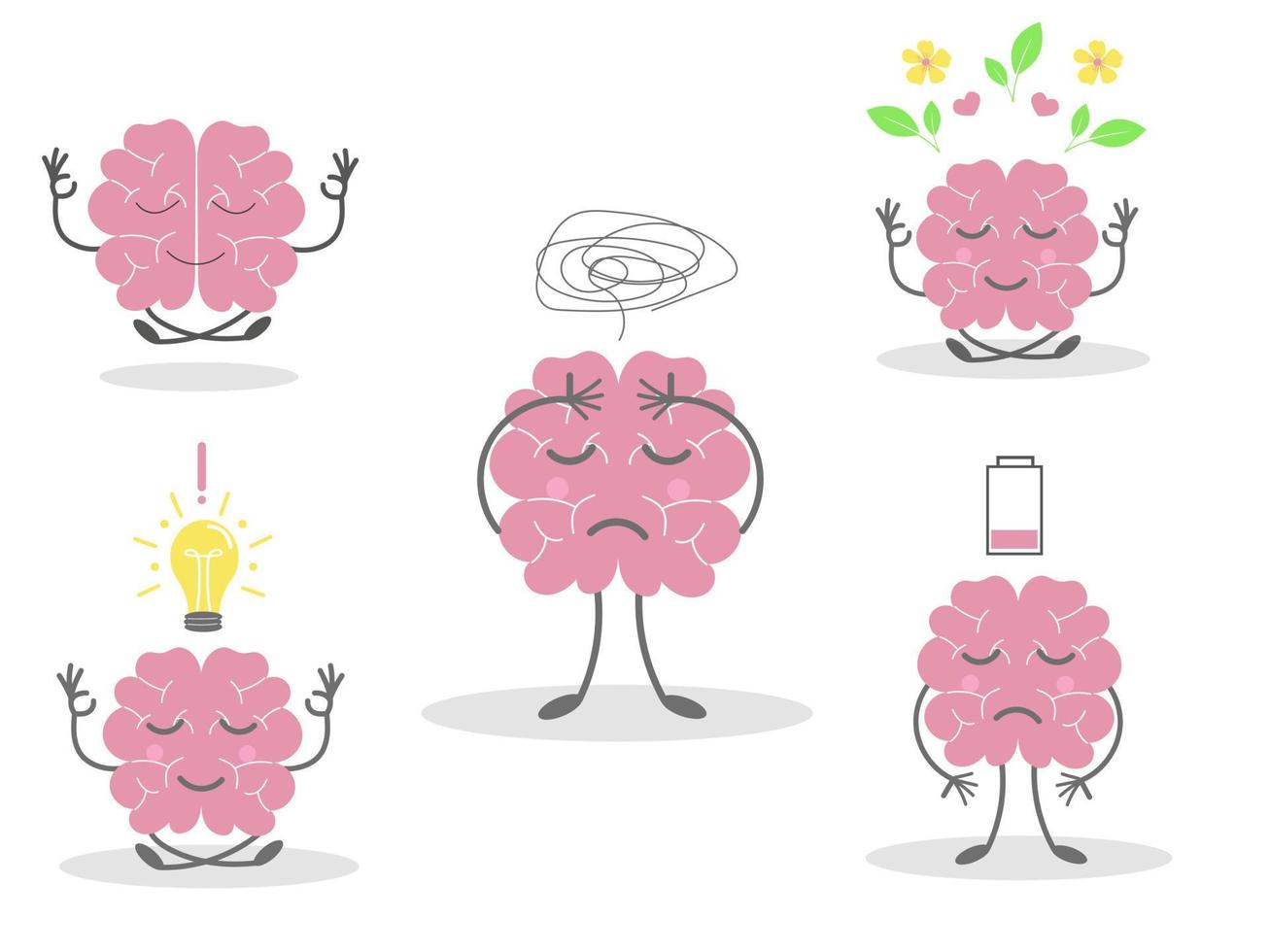 Cute brain character set in stress, depressed, idea, relax. Flat vector illustration isolated on white background