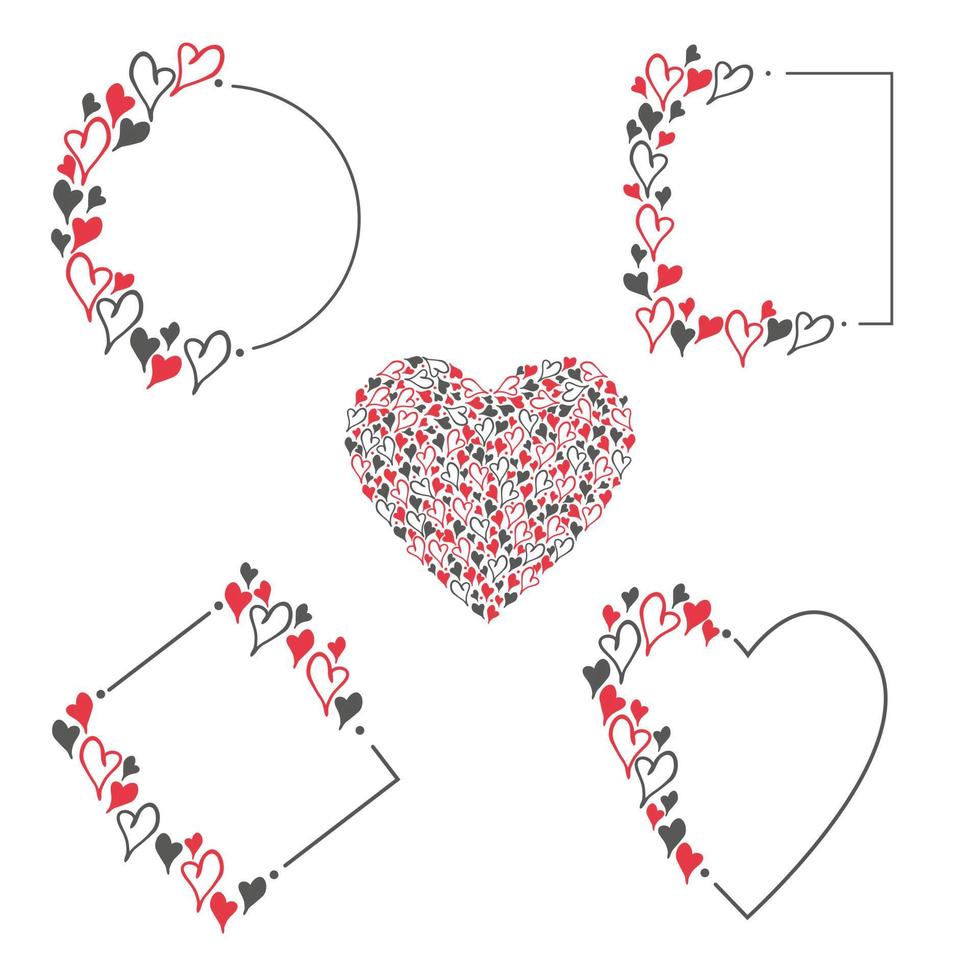 Hand drawn doodle set frame with red, pink and black hearts. Simple elements isolated on white background. Vector illustration
