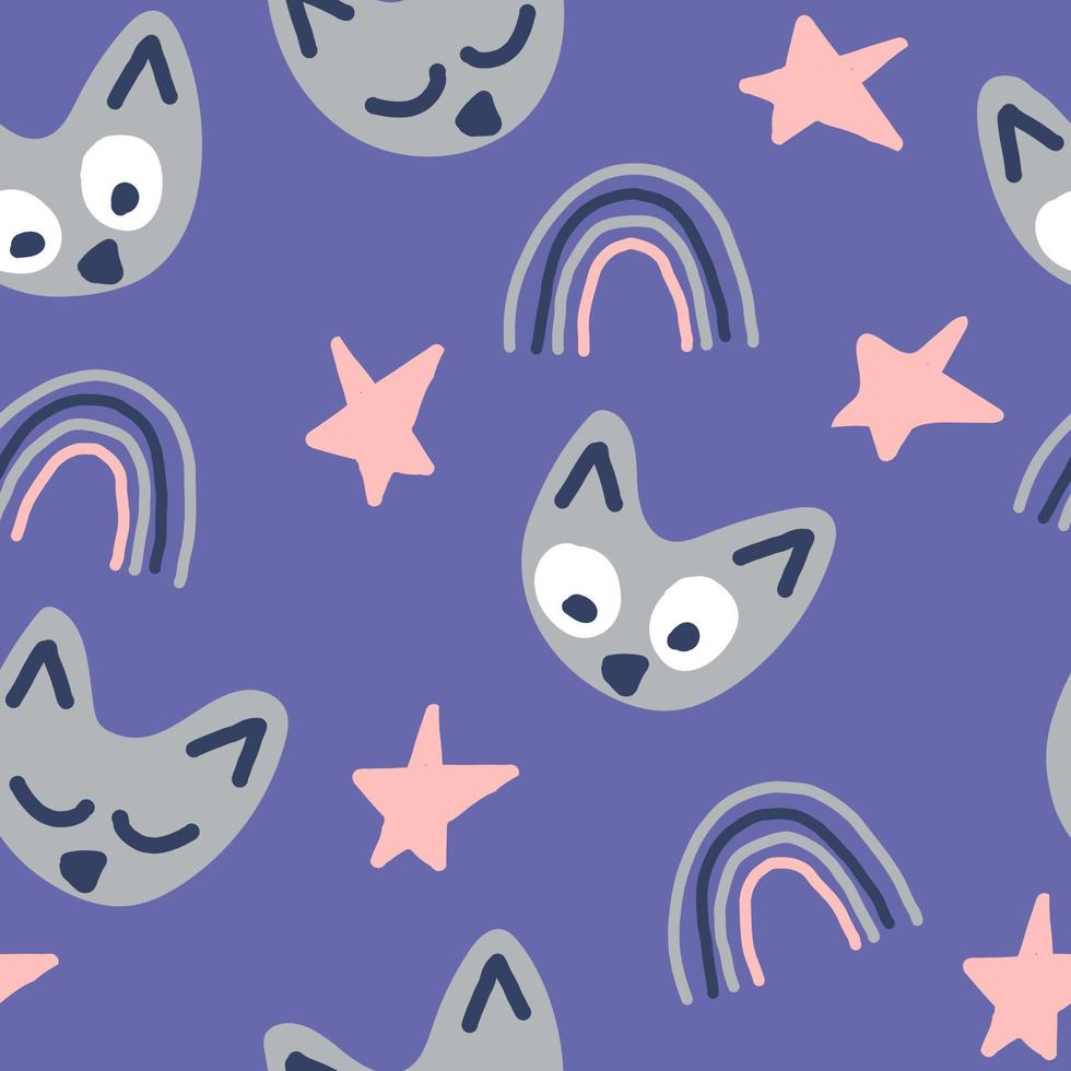 cats seamless pattern hand drawn doodle. , kids print, minimalism. color of the 2022 year. textiles, wrapping paper, wallpaper, background, nursery decor cute animals stars, rainbow vector