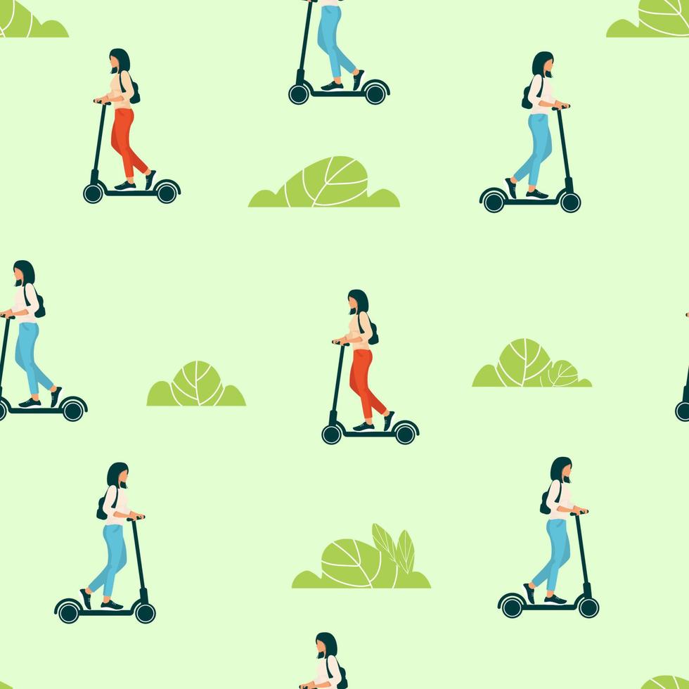 Seamless pattern with women on electric scooters . Young woman riding a kick scooter. Seamless pattern. Vector. vector