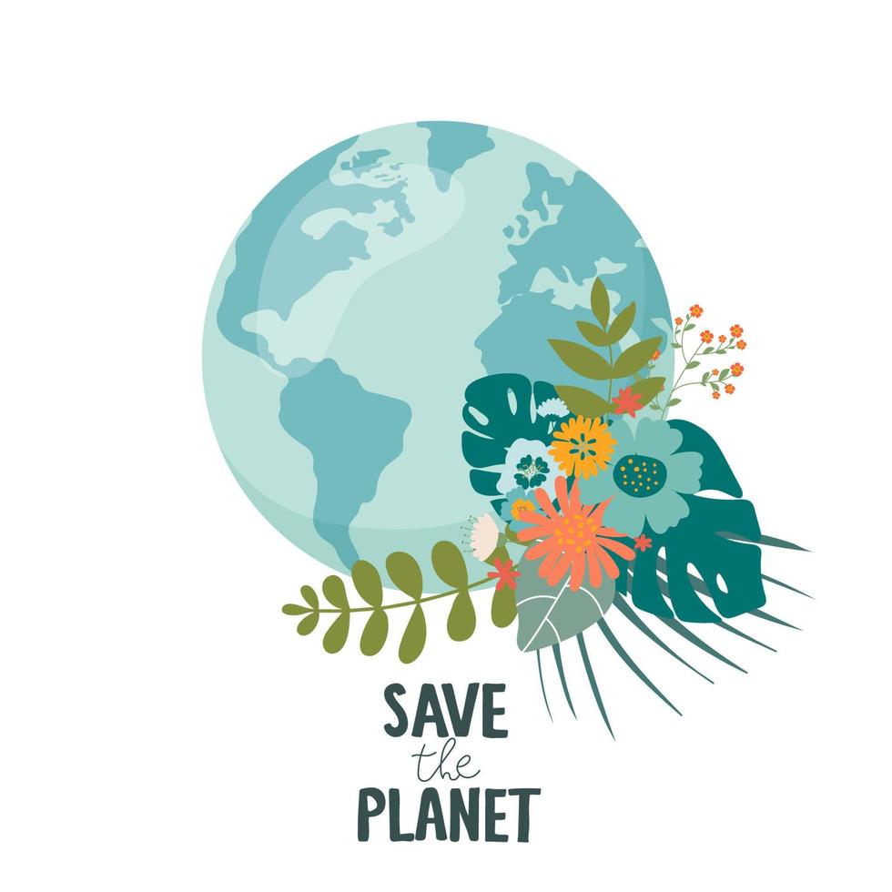salvar el planeta tierra, ecología eco protección del medio ambiente, cambios climáticos, día de la tierra 22 de abril, planeta con hojas vector emblema con hojas ilustración aislada, fondo azul. logo