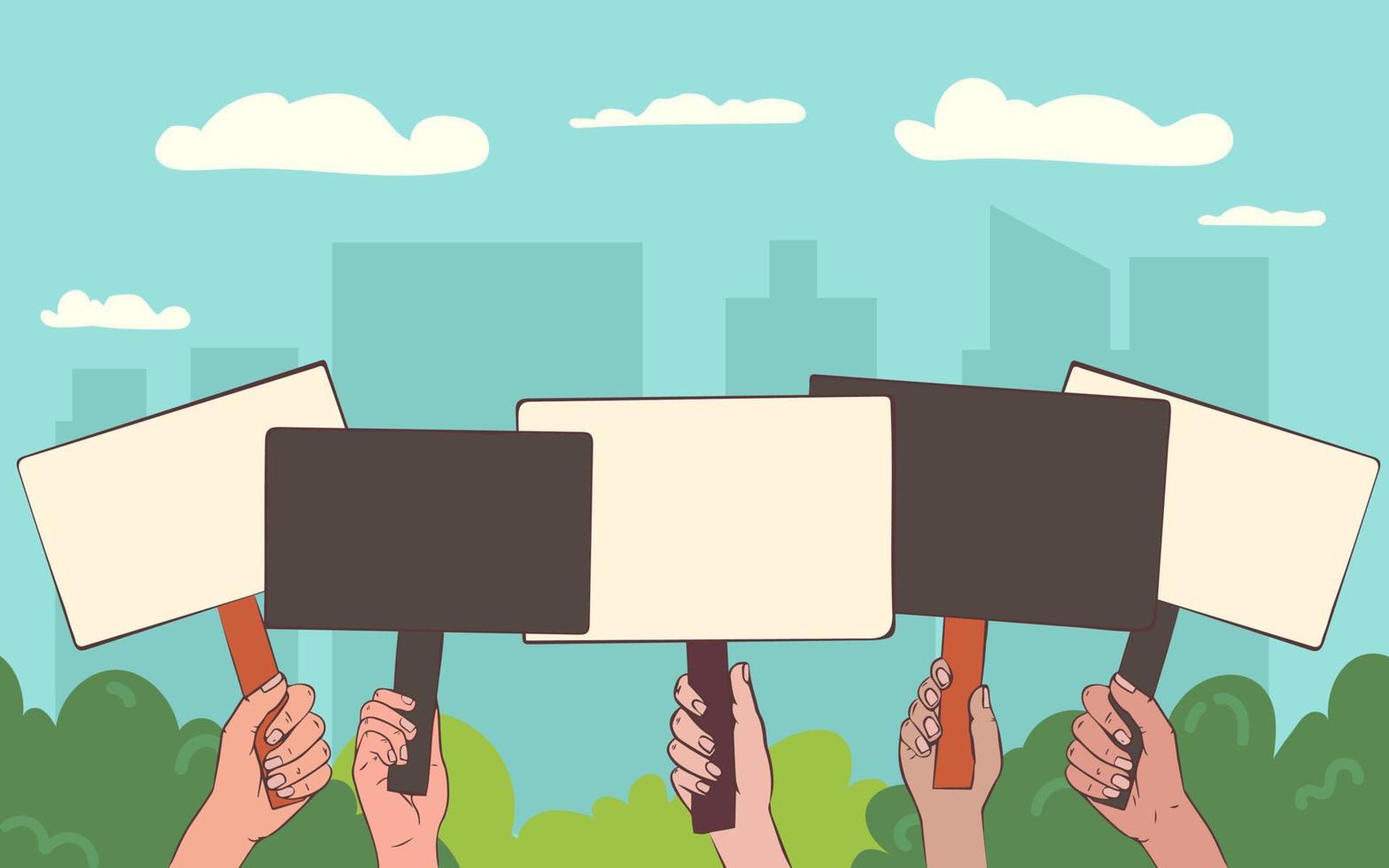 Hands holding banners. Concept of voting, protest, rally. Demonstration, crowd of people with blank placards. Vector flat cartoon illustration of hands raised up on blue background