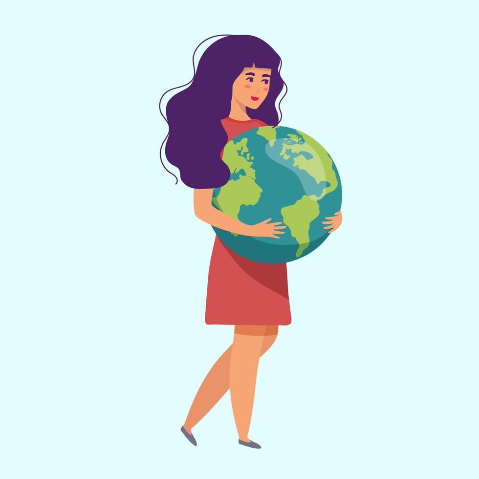 Young woman or girl embraces green planet Earth with care, love. Vector illustration of Earth day and saving planet. Environment conservation, energy saving concept. flat on blue