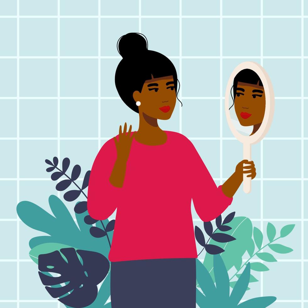 hermosa y elegante mujer afroamericana, la chica se mira en el espejo redondo. mujer joven, su reflejo en el espejo. fecha, maquillaje. ilustración vectorial, diseño plano. vector