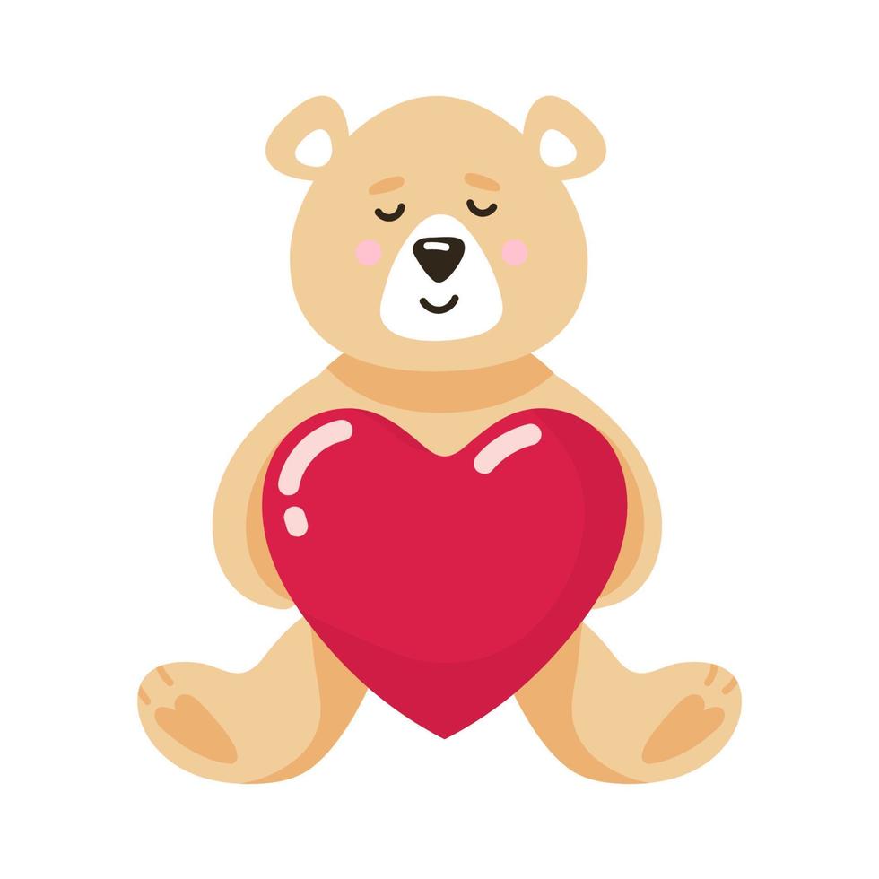 divertida caricatura de oso de peluche con un corazón, un juguete, en un fondo blanco adecuado para el 14 de febrero, día de san valentín vector