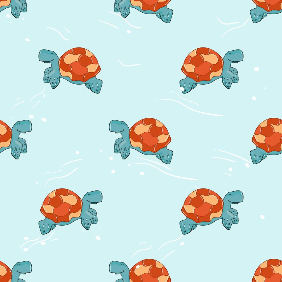 Turtle seamless pattern Cute cartoon animal background Hand drawn design in kid style, use for fabric, textile, print, wallpaper. Vector illustration. flat