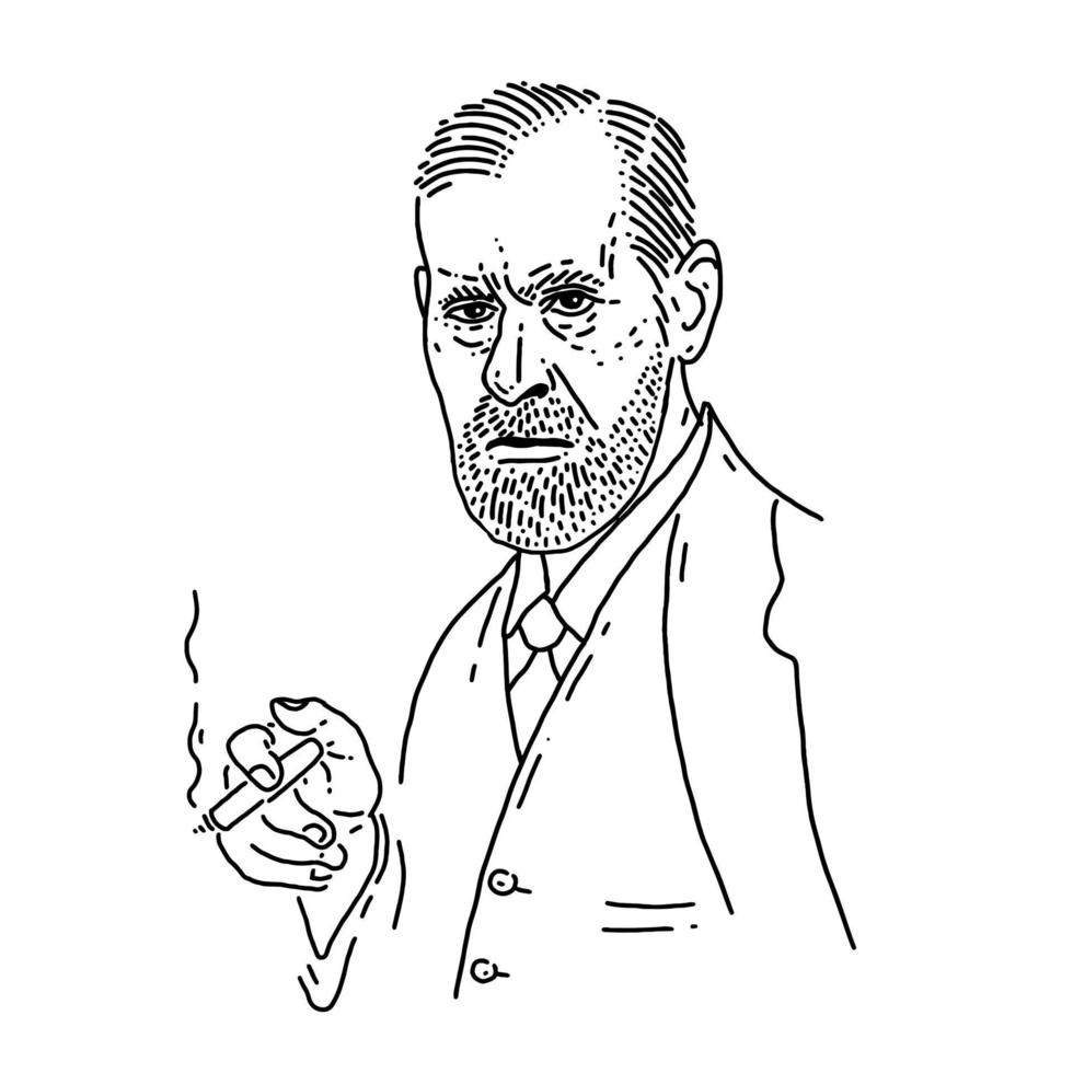 Sigmund Freud - father of psychoanalysis, portrait. Ego, superego, libodo, sexuality, Vector doodle illustration