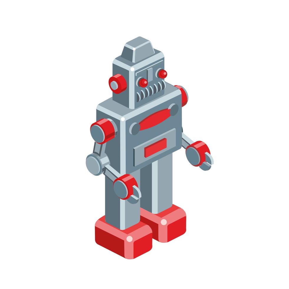 Iron retro robot, vintage toy. Metal, red metal. Vector isometric illustration isolated on white background