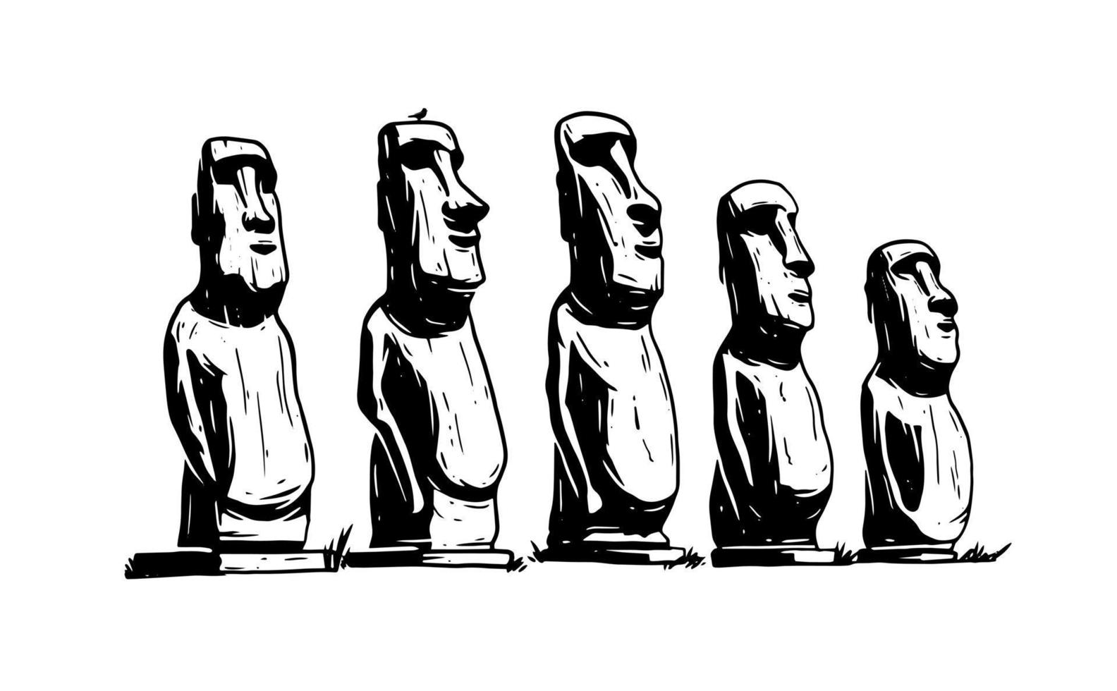 Moai, stone monolithic statues on Easter Island in the Pacific Ocean. Shapes isolated on white background, vector illustration