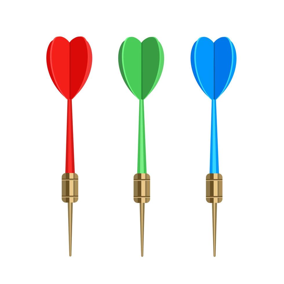 Darts for playing darts. Set. Green, red, blue. Vector illustration isolated on white background.