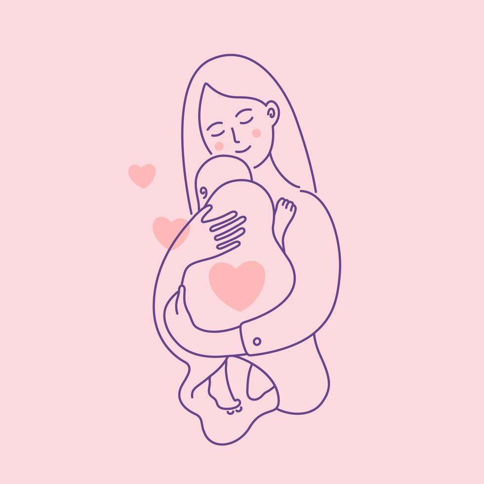 mamá sostiene al bebé en sus brazos. logotipo lineal, emblema. maternidad y puericultura. ilustración vectorial vector
