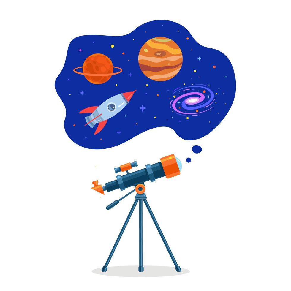 tubo de telescopio astronómico, espacio, galaxia, planetas y cohete volador. espacio astronómico. estudiar planetas, estrellas y cometas con un telescopio. ilustración plana vectorial vector