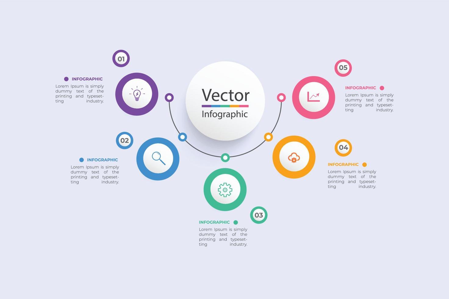 Vector infographic template with 3D paper label, integrated circles. Business concept with 5 options. For content, diagram, flowchart, steps, parts, timeline infographics.