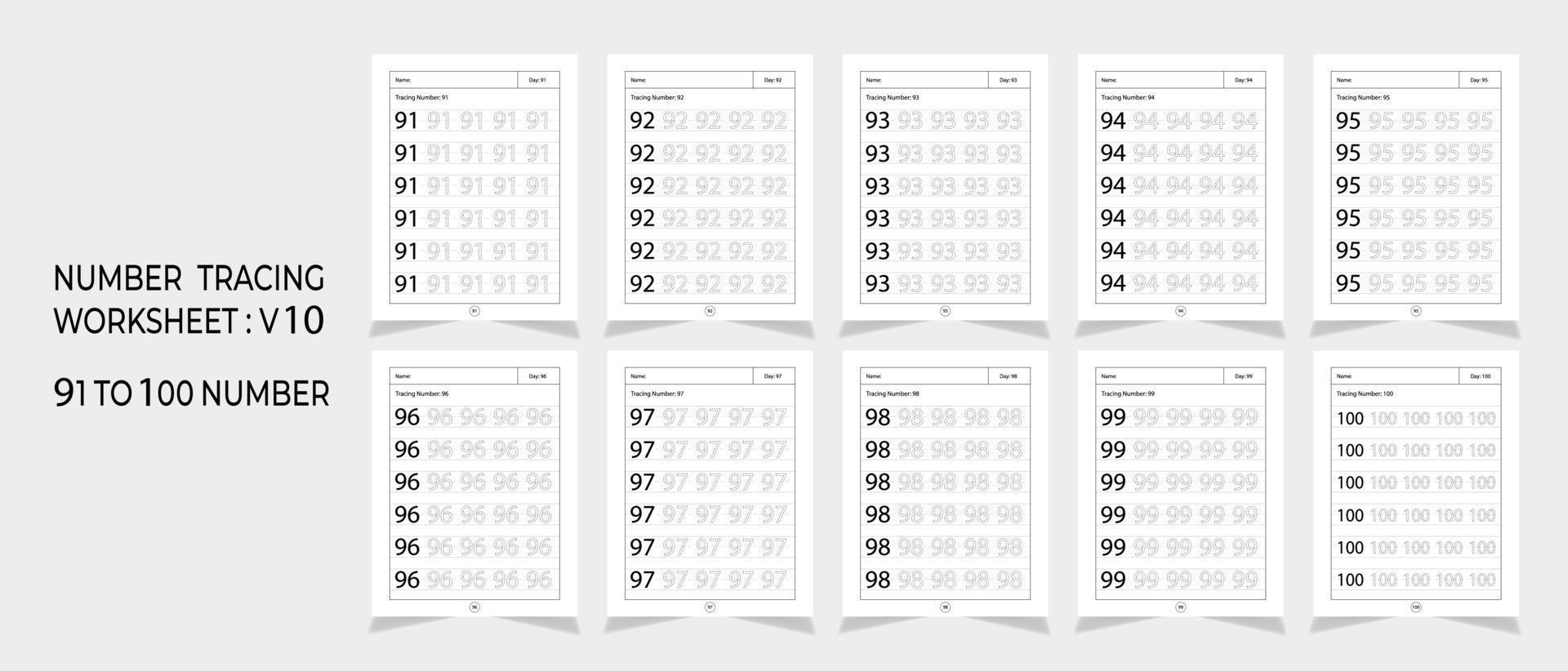 Kindergarten Number Tracing Worksheets, math for educational math game design, Printable worksheet vector