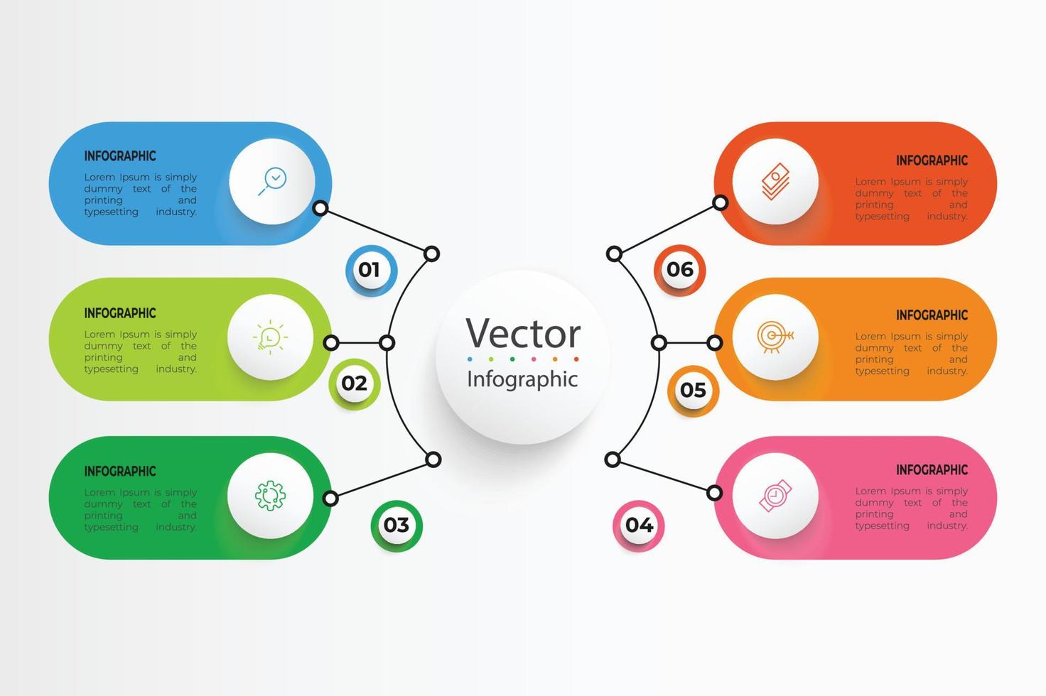 plantilla infográfica vectorial con etiqueta de papel 3d, círculos integrados. concepto de negocio con 6 opciones. para contenido, diagrama, diagrama de flujo, pasos, partes, infografías de línea de tiempo. vector