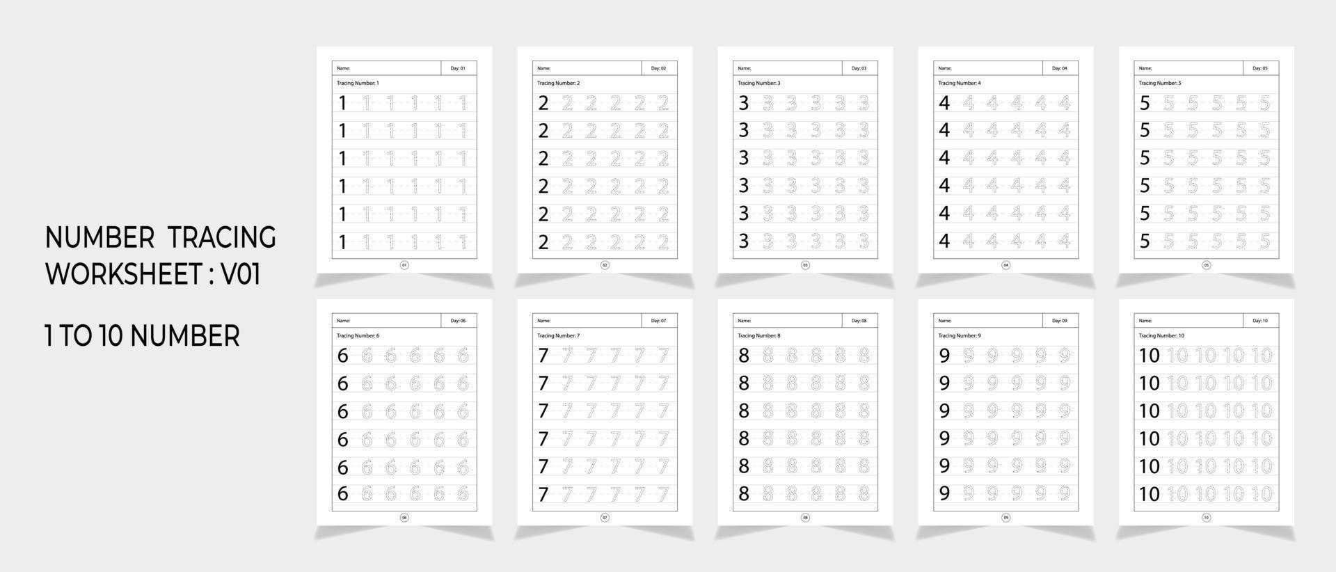 Kindergarten Number Tracing Worksheets, math for educational math game design, Printable worksheet vector