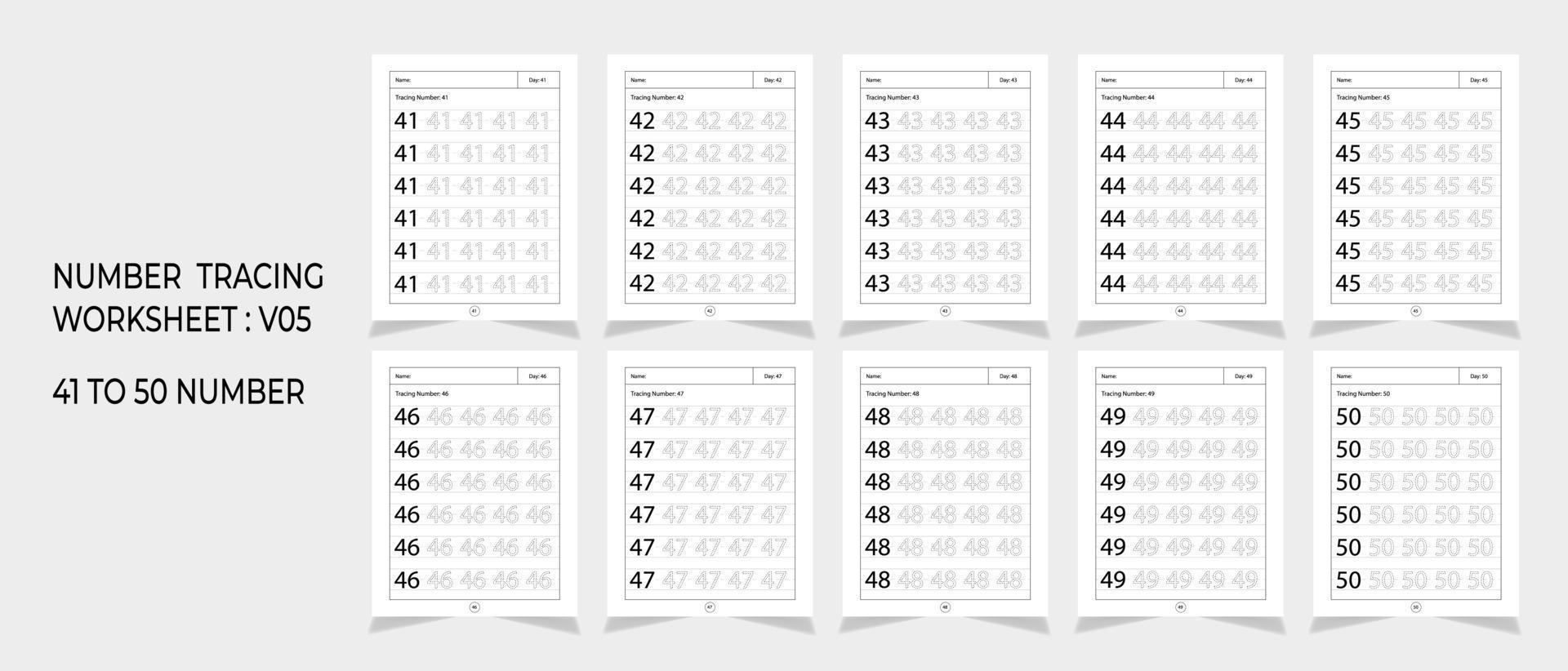Kindergarten Number Tracing Worksheets, math for educational math game design, Printable worksheet vector