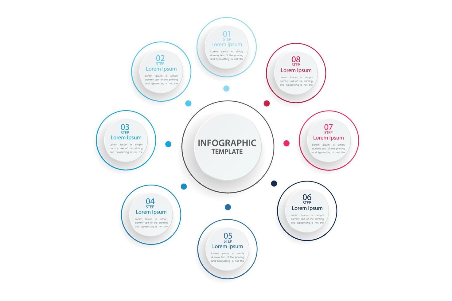 Vector infographic template with 3D paper label, integrated circles. Business concept with 8 options. For content, diagram, flowchart, steps, parts, timeline infographics.