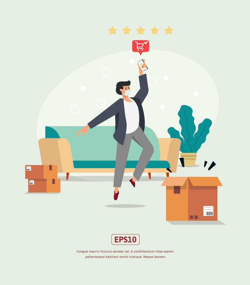 Flat illustration ordering online with character, box illustration, plant, and sofa vector