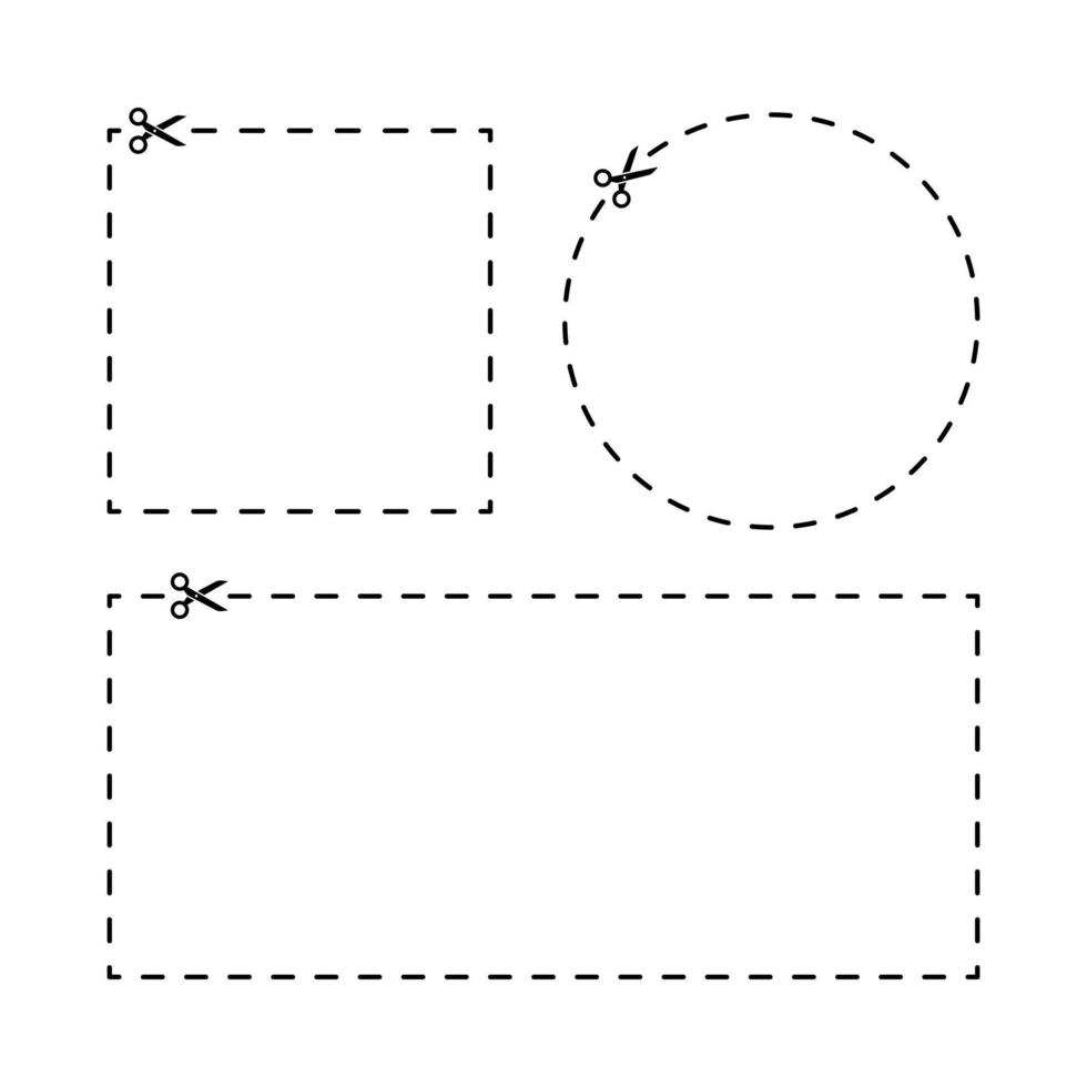 cortar aquí el paquete de iconos de línea. ilustración de vector de símbolo de línea de corte de tijera. adecuado para cupón, boleto y marcador de área de recorte.