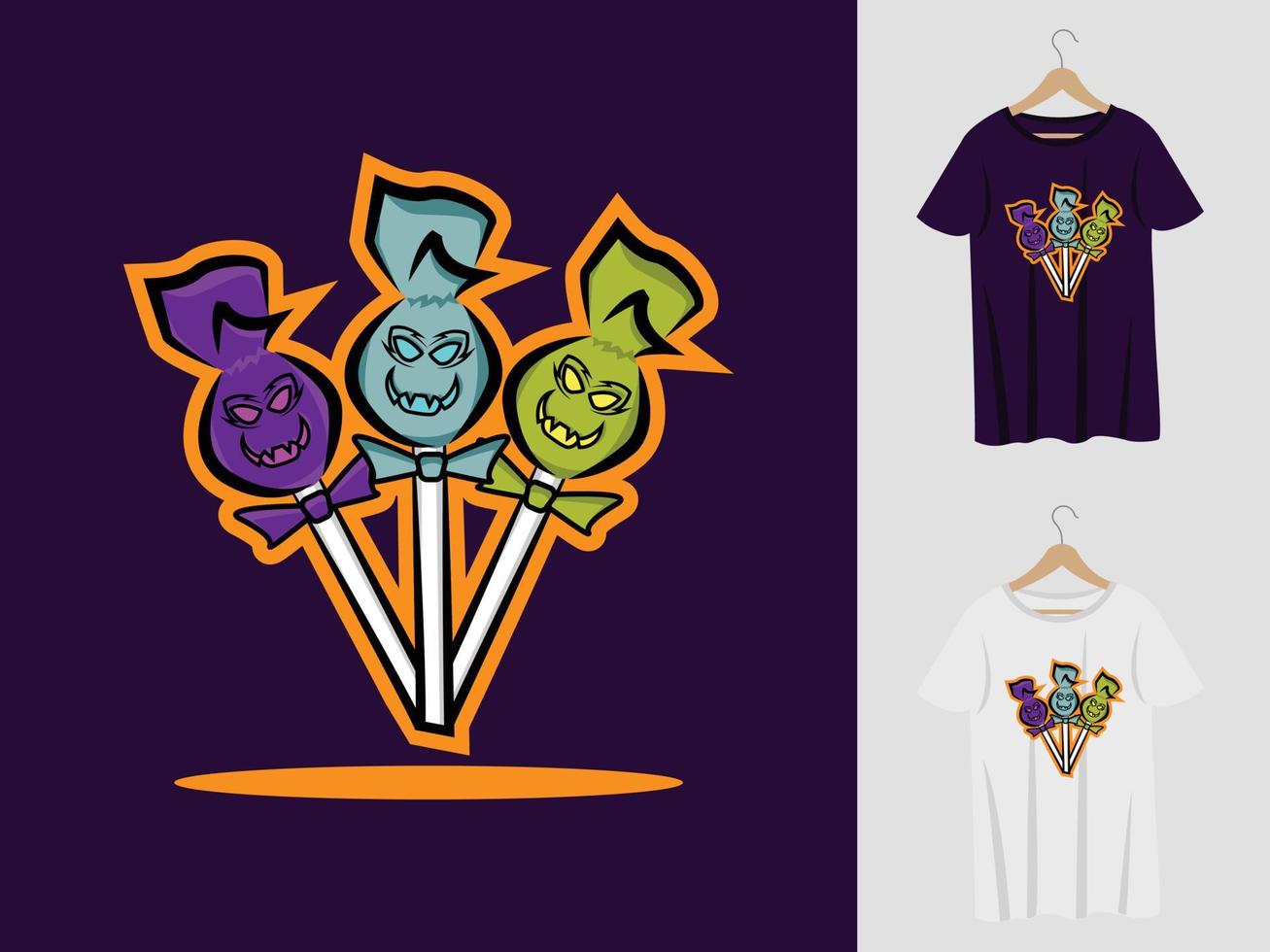 diseño de mascota de halloween de caramelo de piruleta con camiseta. ilustración de piruleta para fiesta de halloween y camiseta de impresión vector
