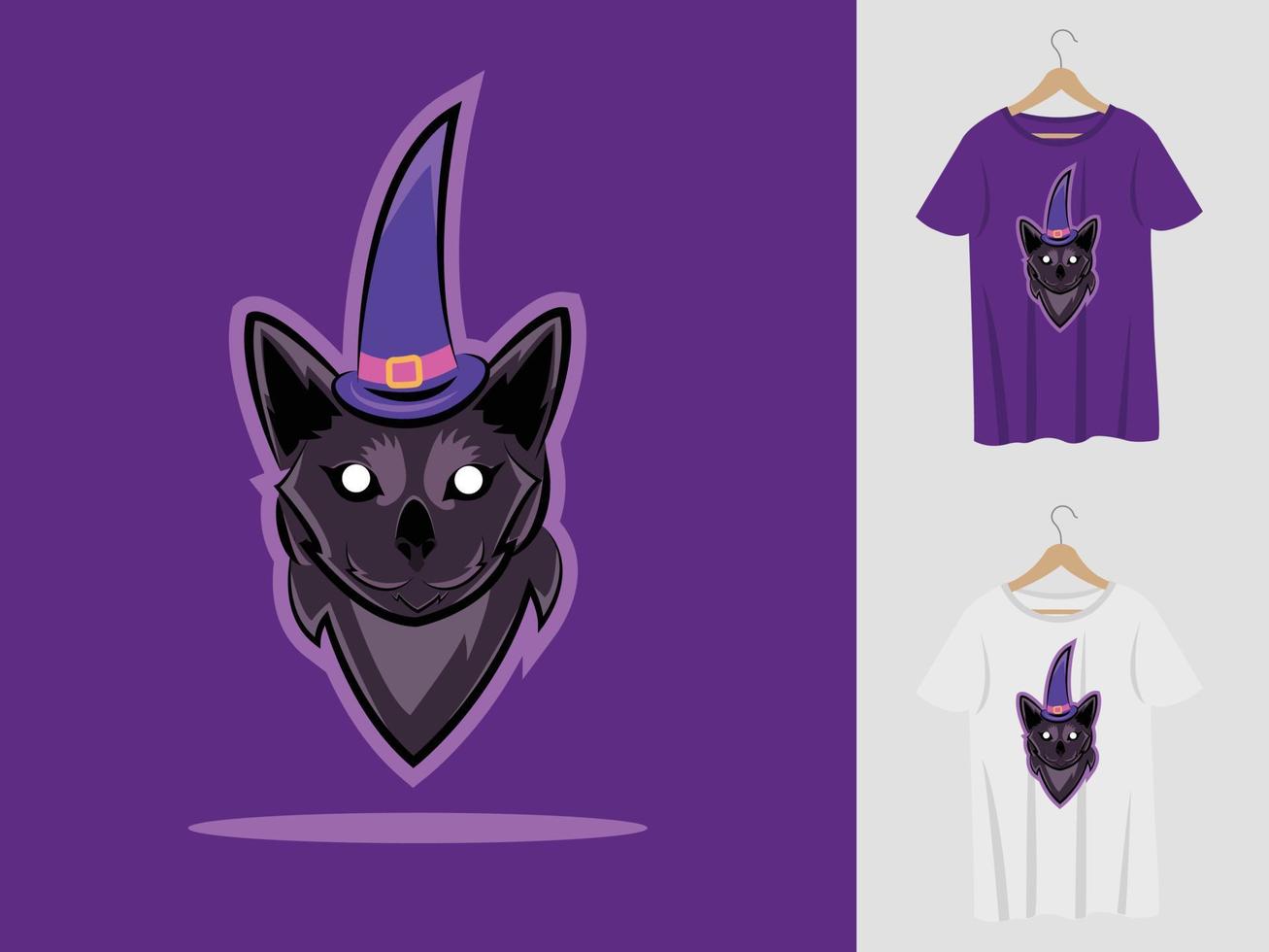 Black cat halloween mascot design with t-shirt . Black cat with witch hat illustration for halloween party and printing t shirt vector