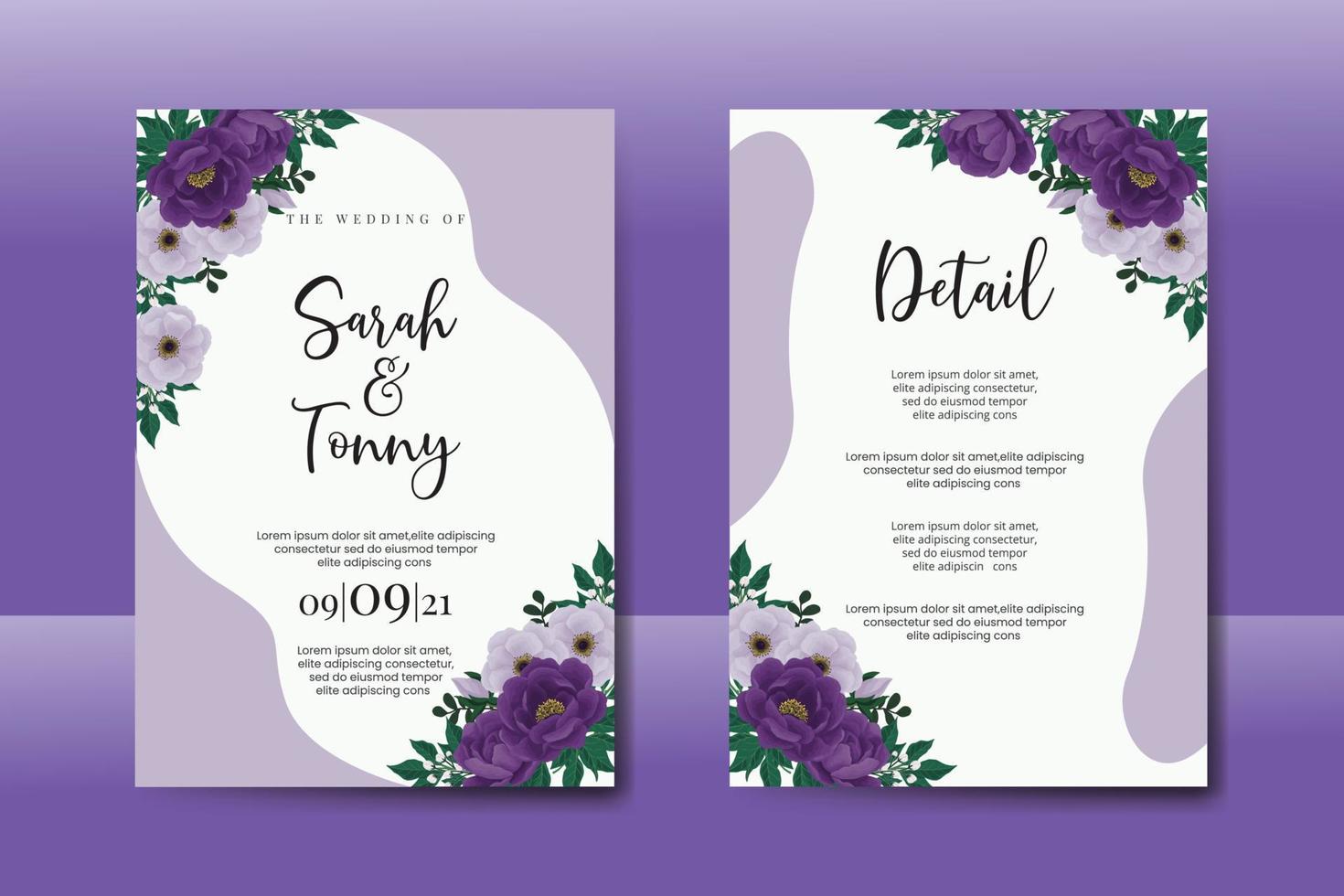 Wedding invitation frame set, floral watercolor Digital hand drawn Purple Peony flower design Invitation Card Template vector