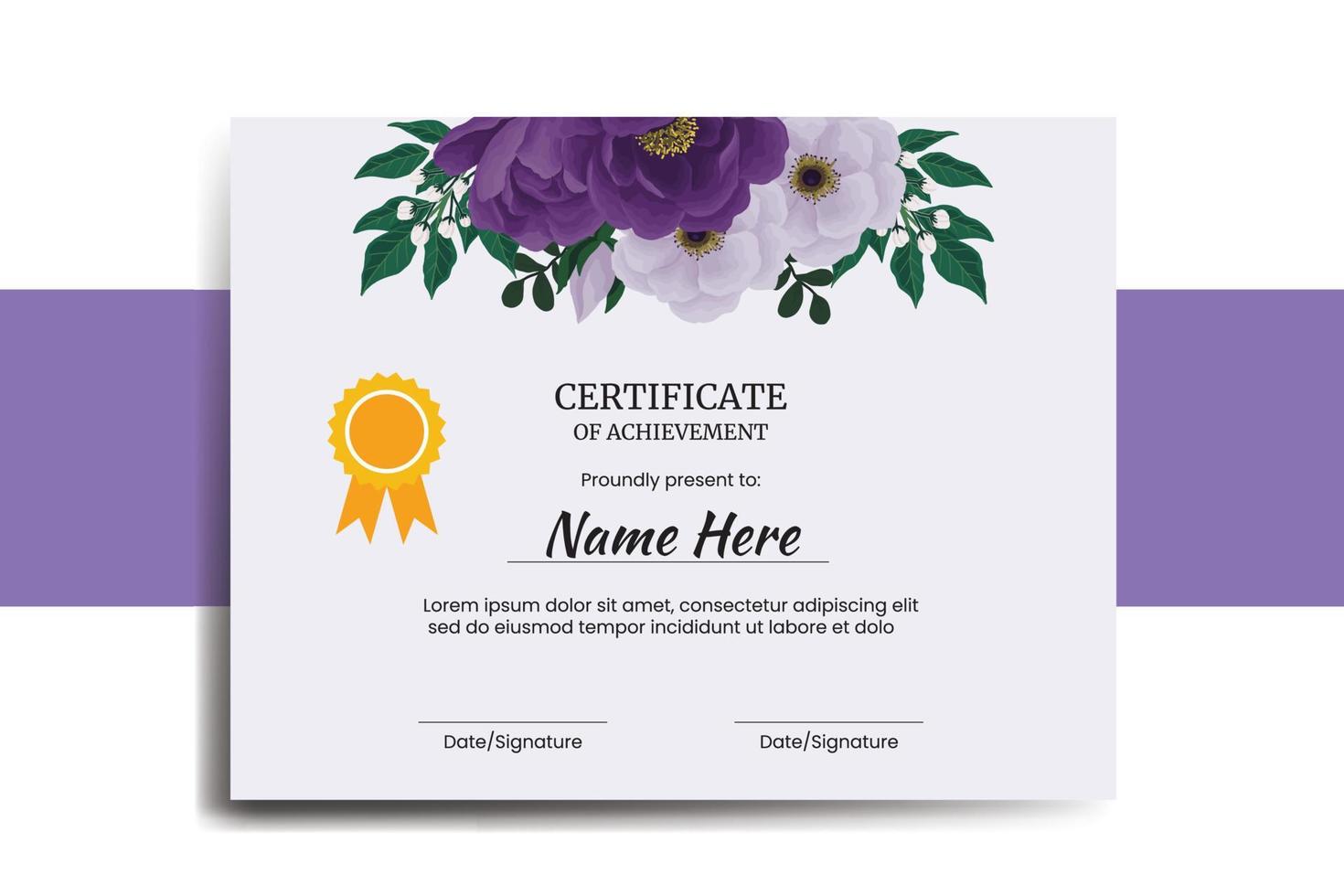 Certificate Template Purple Peony Flower watercolor Digital hand drawn vector