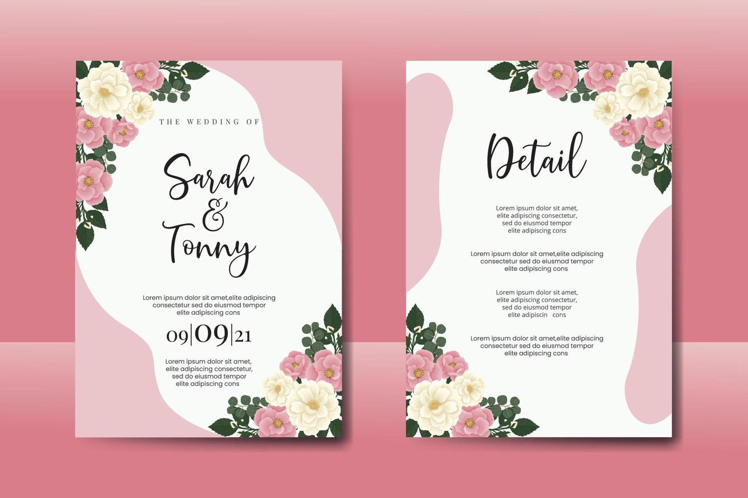 Conjunto de marco de invitación de boda, plantilla de tarjeta de invitación de diseño de flor rosa mini rosa dibujado a mano digital acuarela floral vector