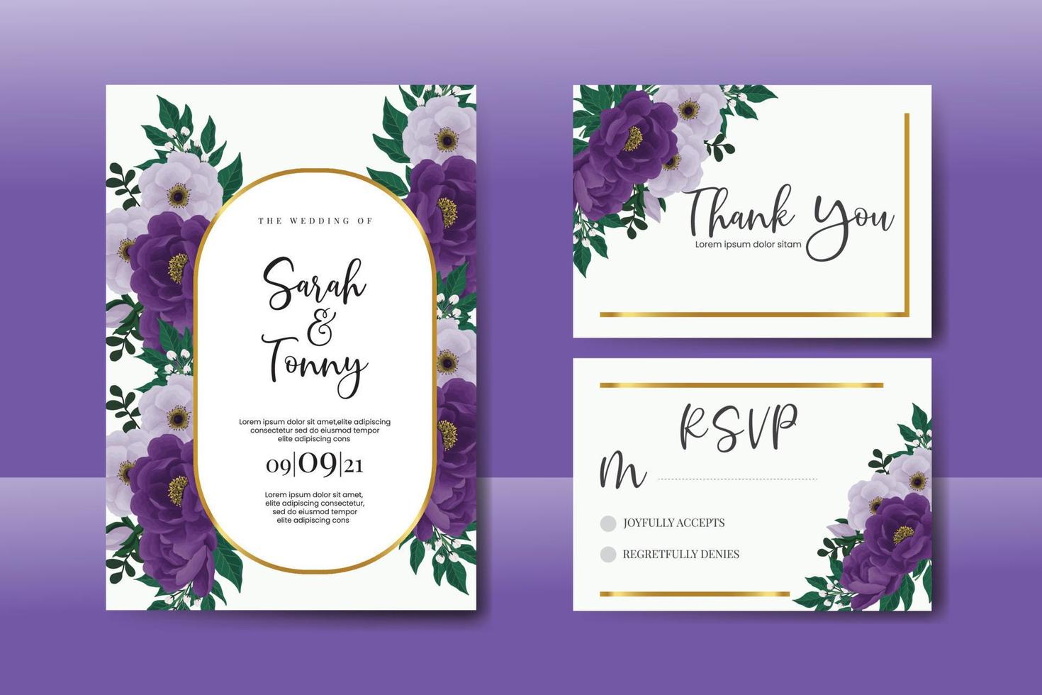 Wedding invitation frame set, floral watercolor Digital hand drawn Purple Peony flower design Invitation Card Template vector