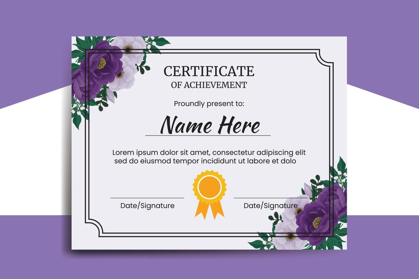 Certificate Template Purple Peony Flower watercolor Digital hand drawn vector