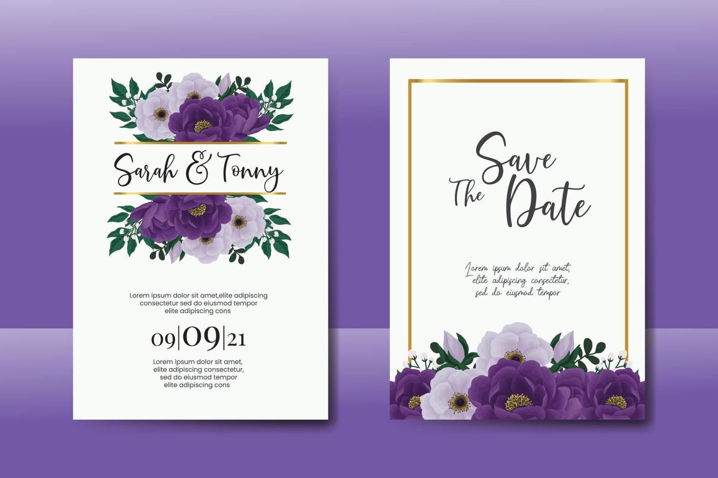 Conjunto de marco de invitación de boda, plantilla de tarjeta de invitación de diseño de flor de peonía púrpura dibujado a mano digital acuarela floral vector