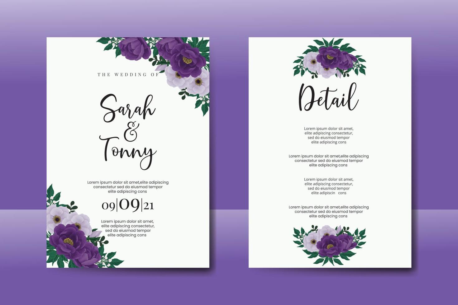 Conjunto de marco de invitación de boda, plantilla de tarjeta de invitación de diseño de flor de peonía púrpura dibujado a mano digital acuarela floral vector