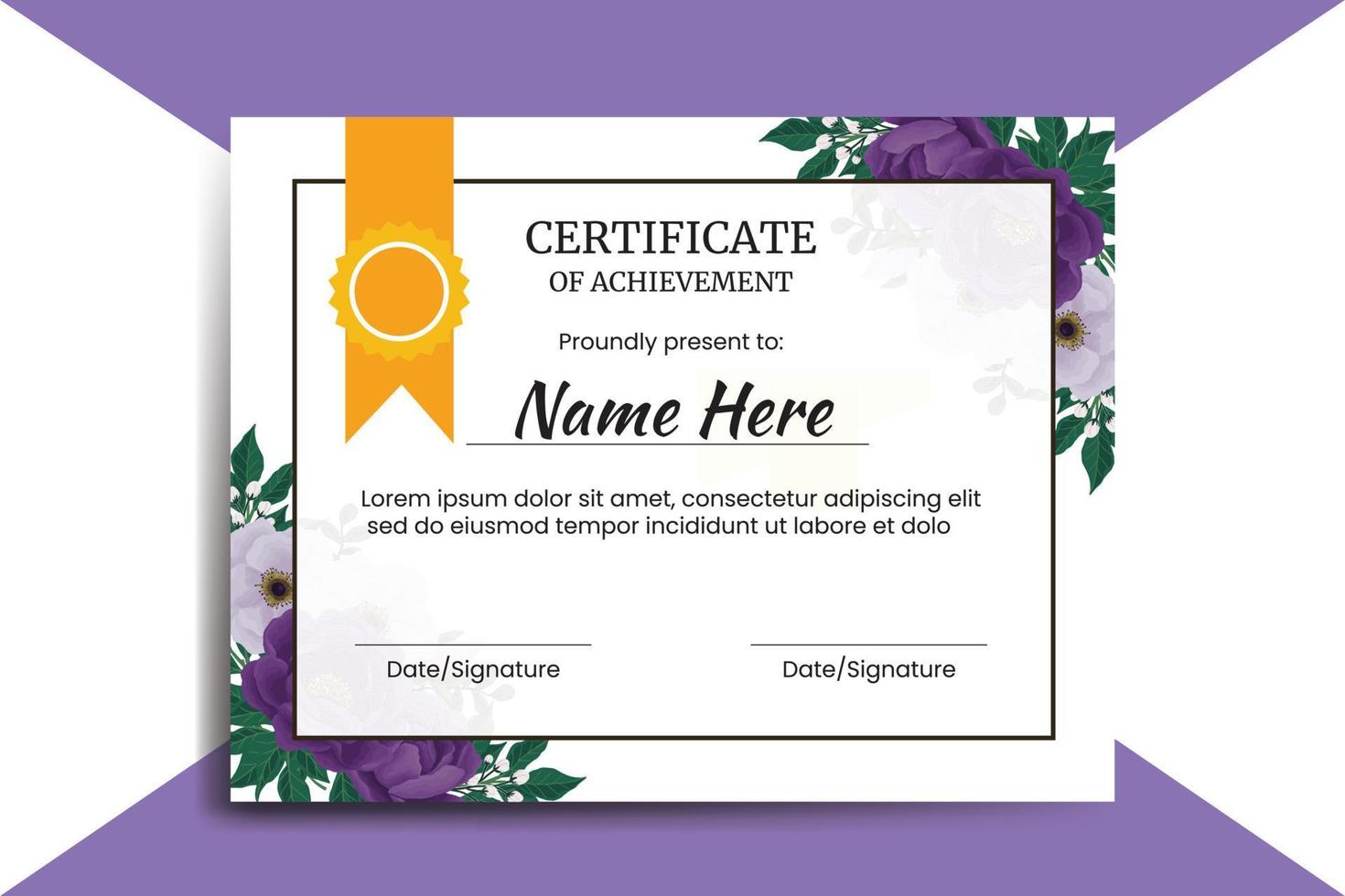 Certificate Template Purple Peony Flower watercolor Digital hand drawn vector