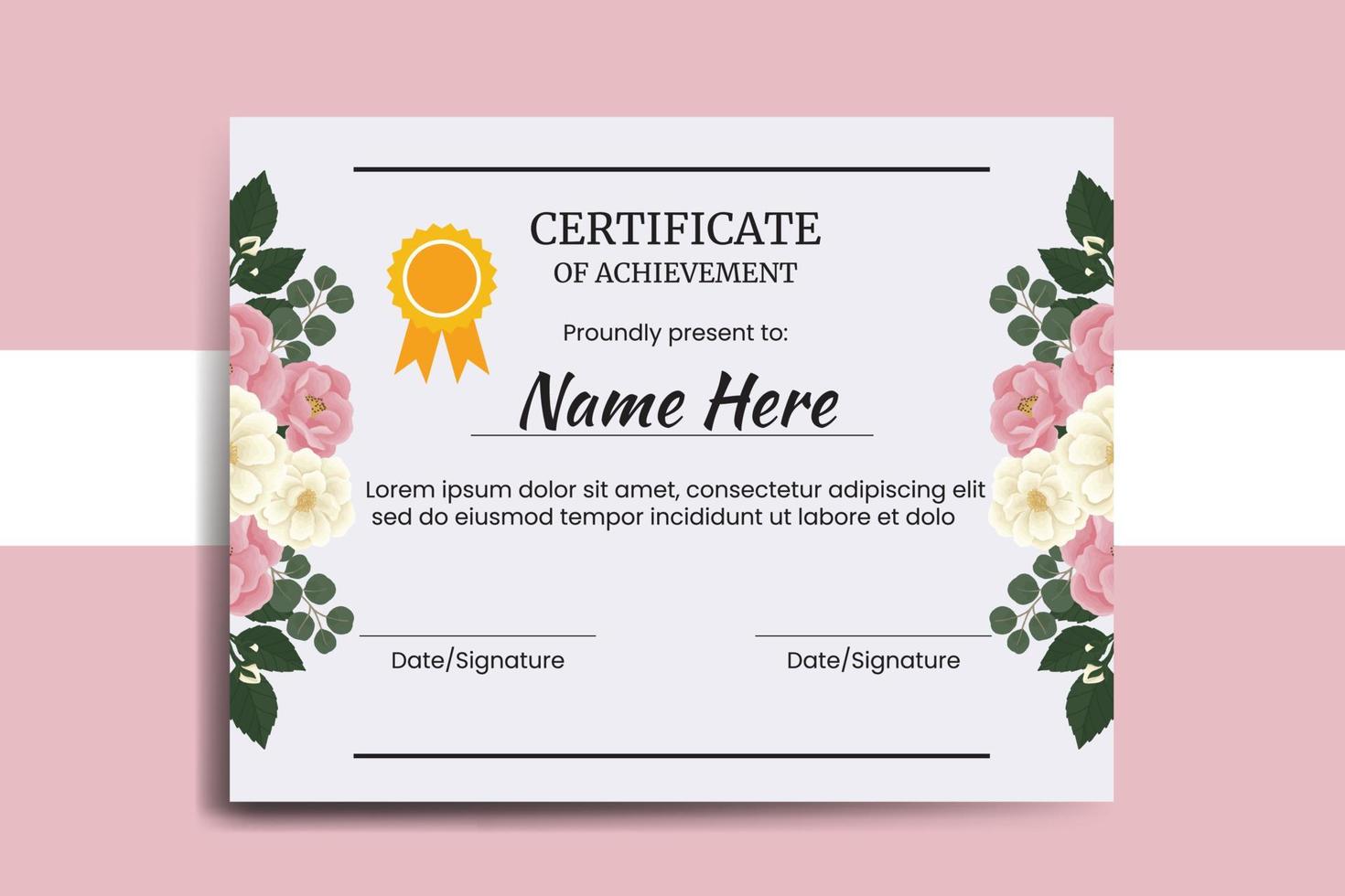 Certificate Template Pink Mini Rose Flower watercolor Digital hand drawn vector