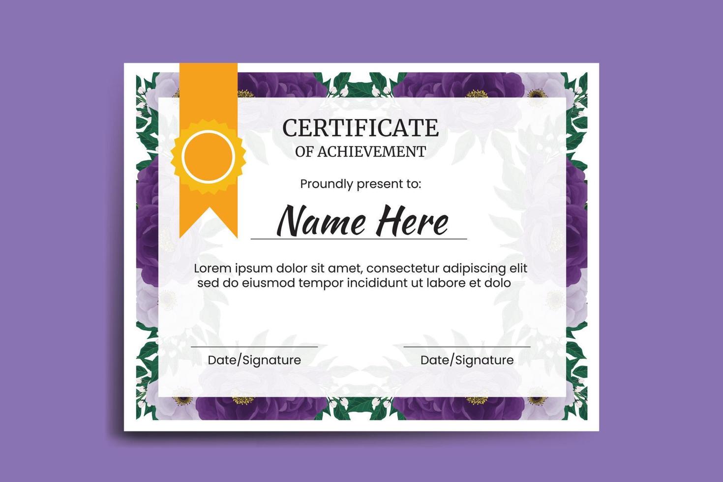 Certificate Template Purple Peony Flower watercolor Digital hand drawn vector
