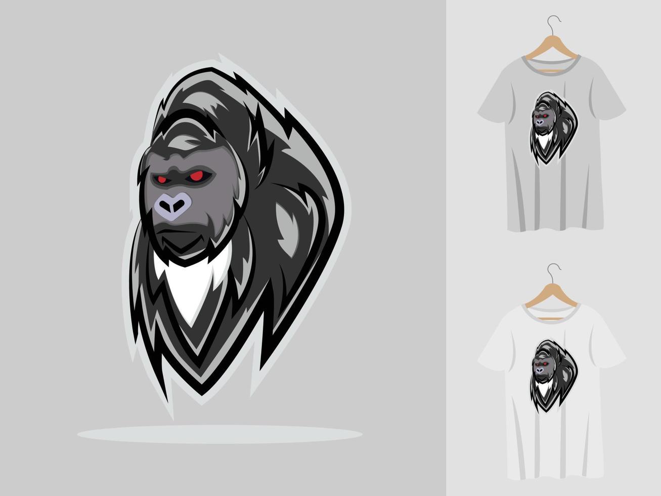 diseño de mascota con logo de gorila con camiseta. ilustración de cabeza de gorila para equipo deportivo y camiseta de impresión vector