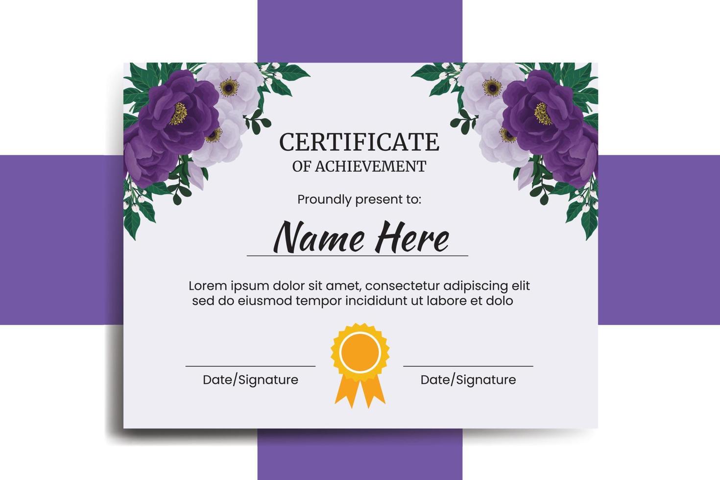 Certificate Template Purple Peony Flower watercolor Digital hand drawn vector