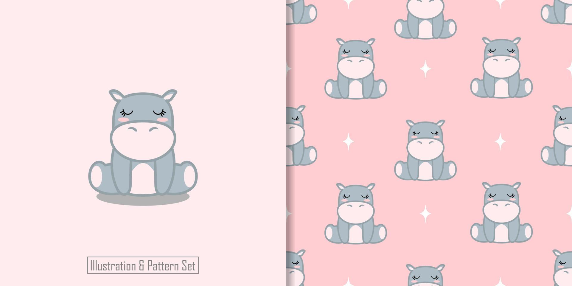 cute hippo animal illustration with nursery seamless pattern vector