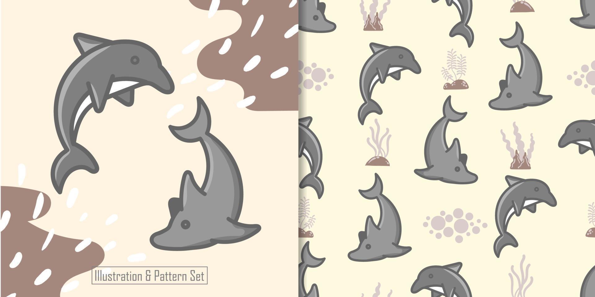 cute dolphin animal illustration with nursery seamless pattern vector