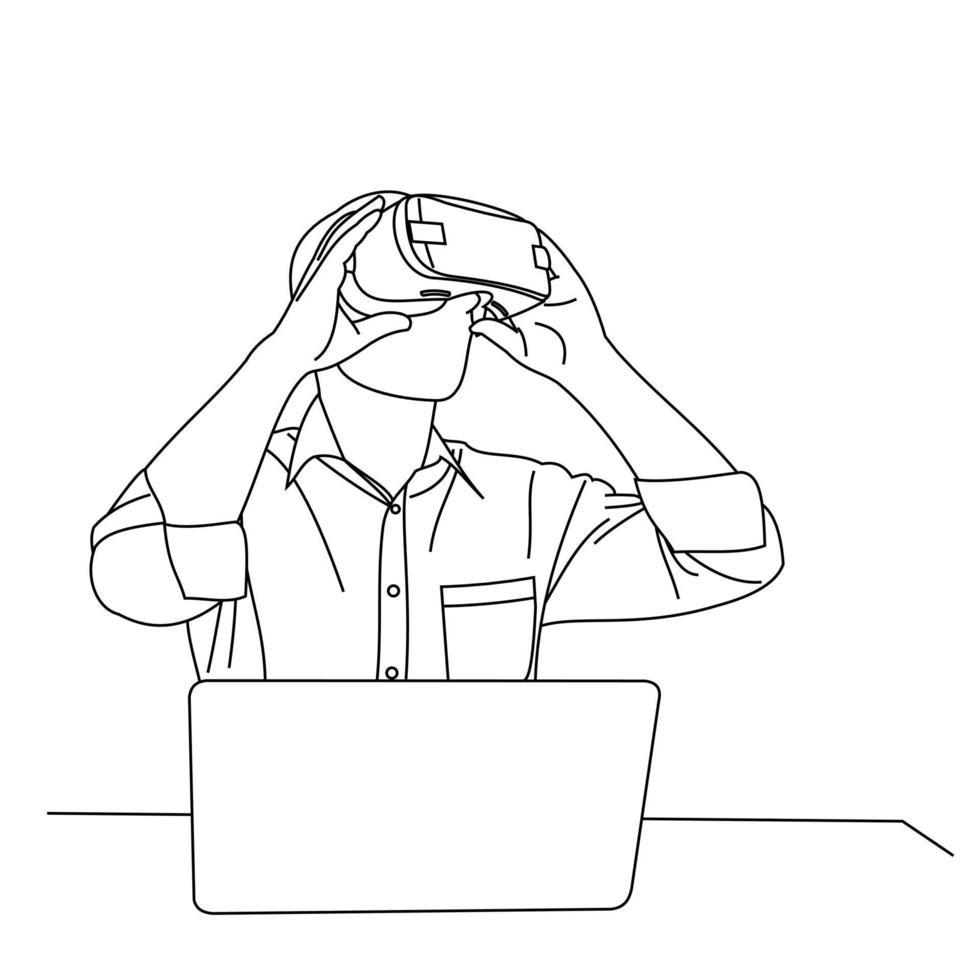 Illustration line drawings a young man sitting uses Virtual Reality glasses when playing games. Lead position looked up while wearing virtual reality helmet with laptop on table. Wearing VR glasses vector