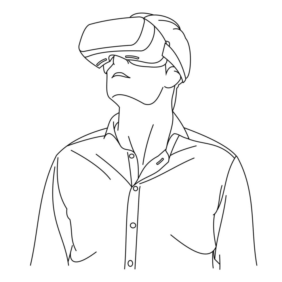 Illustration line drawings of a young man using Virtual Reality glasses while playing a game. Head position looked up while wearing virtual reality helmet. Wearing VR isolated on white background vector