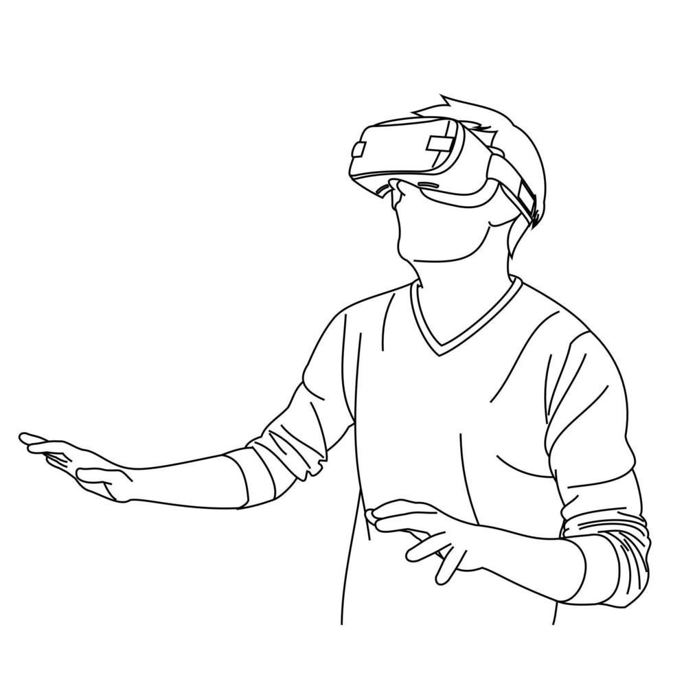 Illustration line drawings of a young man using Virtual Reality glasses while playing a game. Head position looked up while wearing virtual reality helmet. Wearing VR isolated on white background vector