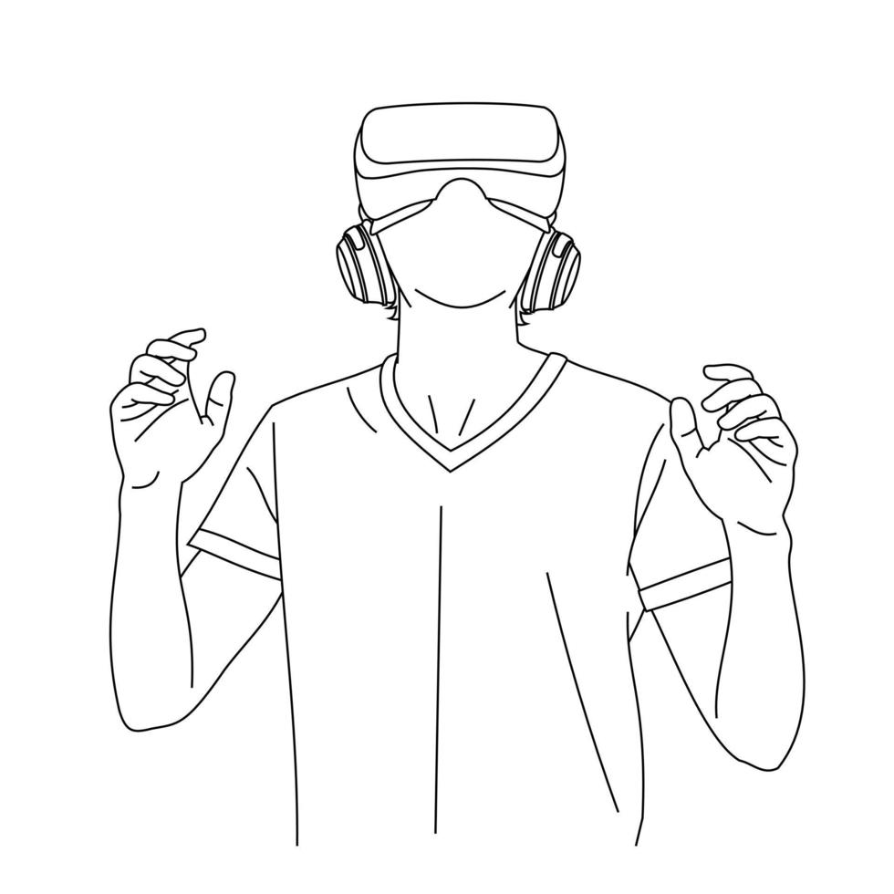 Illustration line drawings of a young man using Virtual Reality glasses while playing a game. Head position looked up while wearing virtual reality helmet. Wearing VR isolated on white background vector