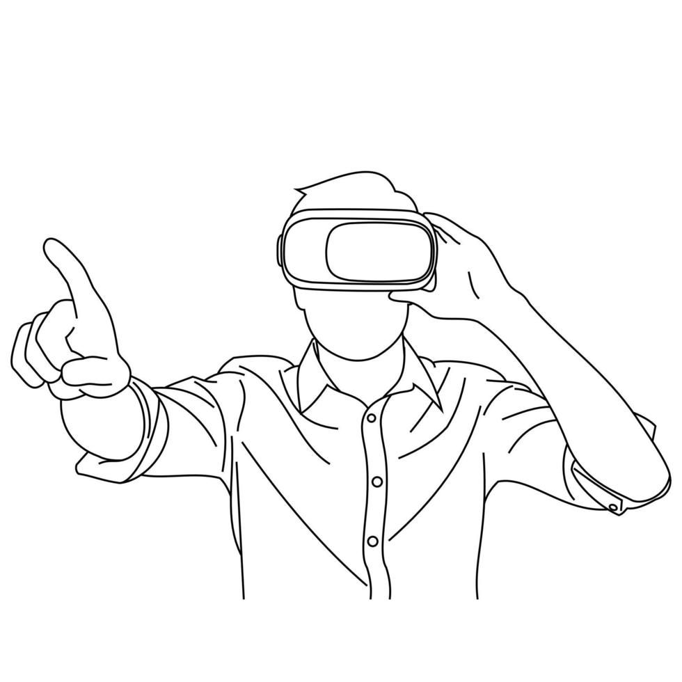 Illustration line drawings a young man uses Virtual Reality glasses when playing games. Pretending to touch button while wearing virtual reality helmet. Wearing VR glasses isolated on white background vector